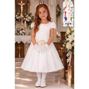 NEW Girls First Holy Communion Dress Size 7 - Smocked Cotton Tea-Length Dress